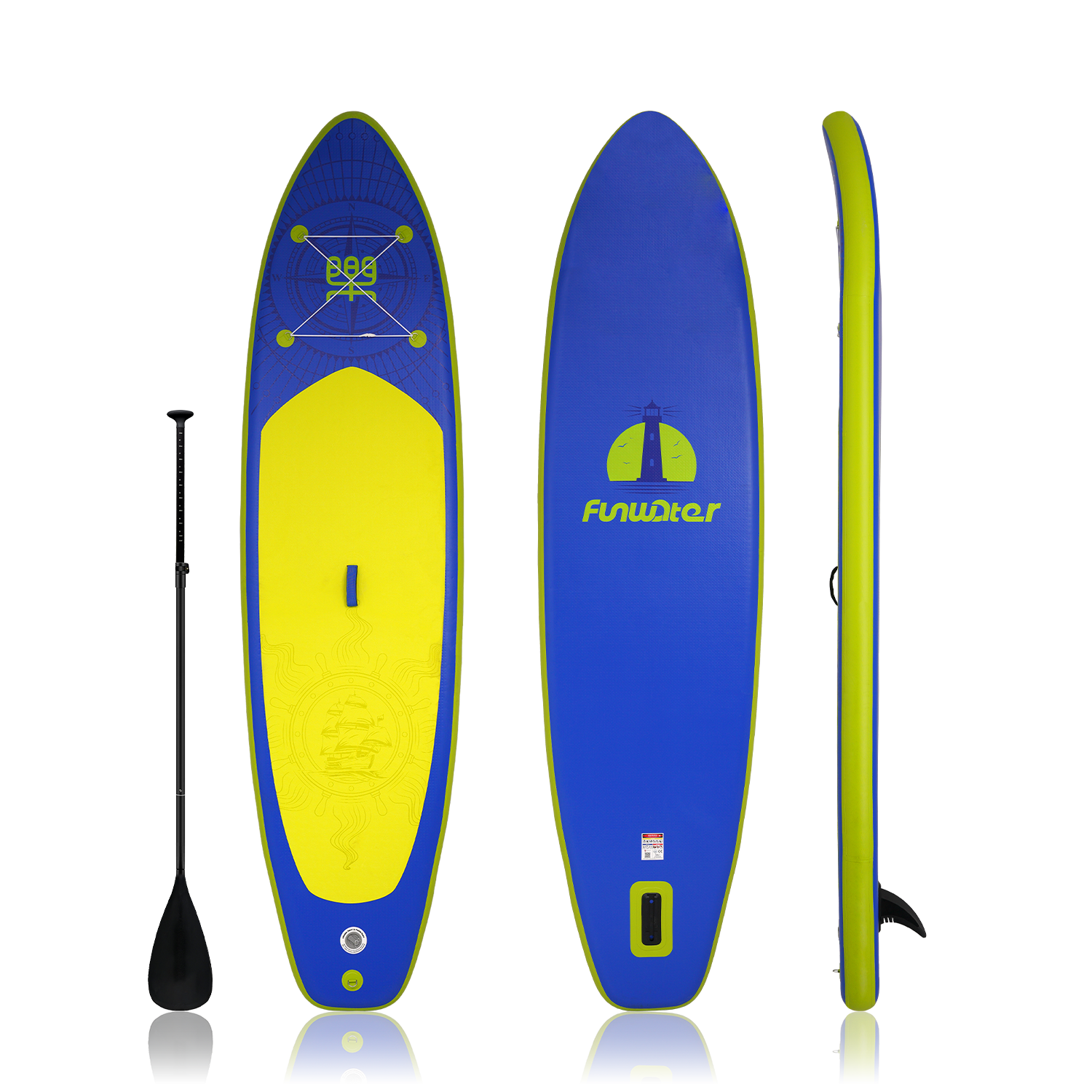 Funwater inflatable sup board for adults features a deep blude design and comes with a single-blade paddle.