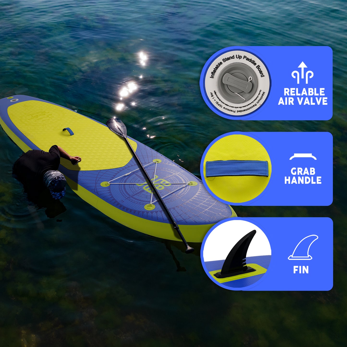 Funwater paddle board for adults features: FIN, RELIABLE AIR VALVE, and GRAB HANDLE.