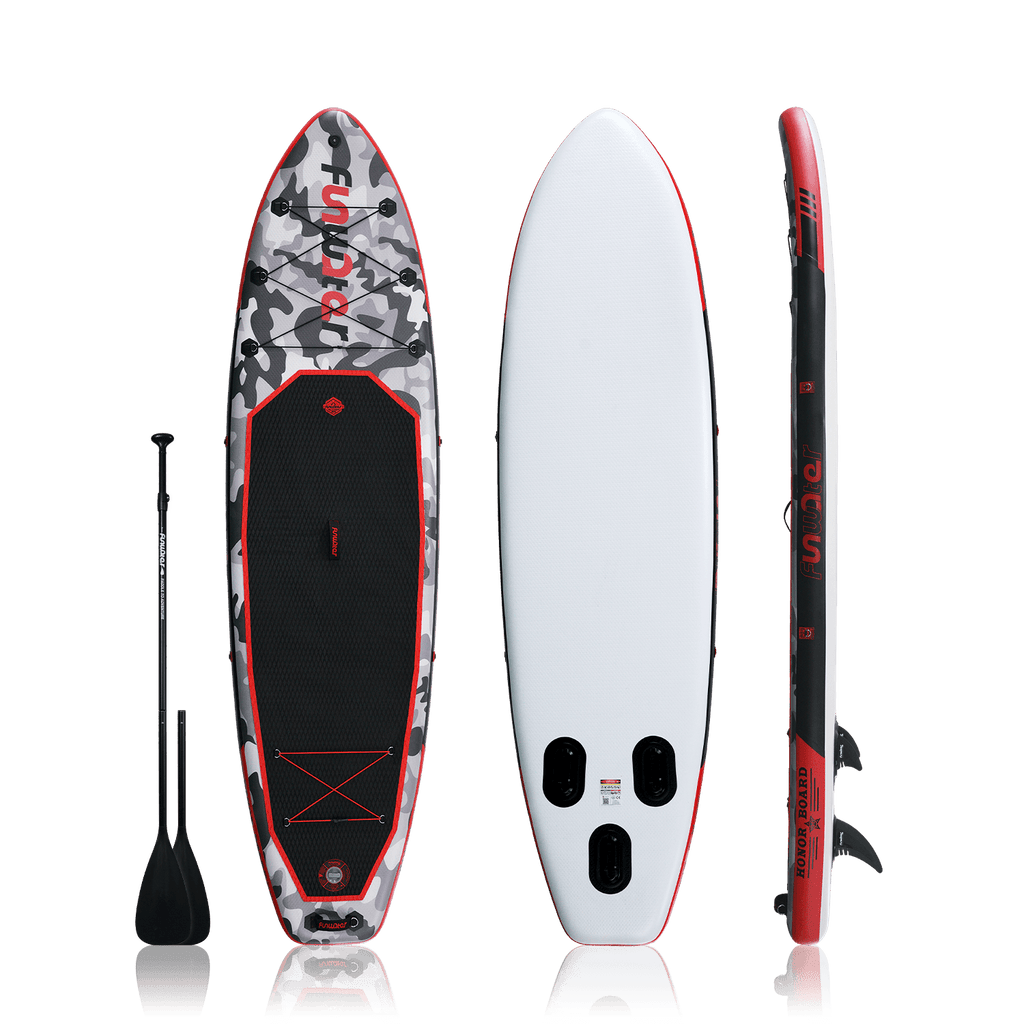 Stand up paddle board for adults features camouflage design and comes with a double-blade paddle.