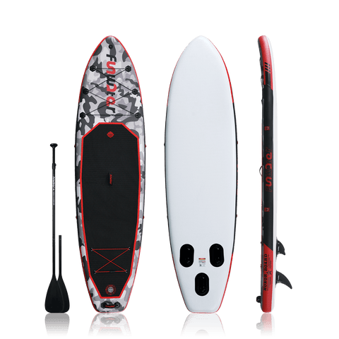 Stand up paddle board for adults features camouflage design and comes with a double-blade paddle.