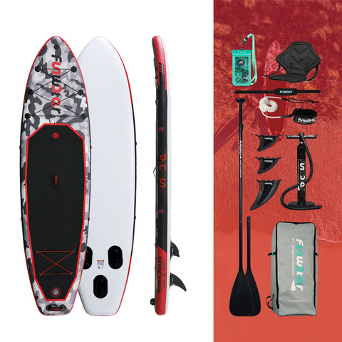 Funwater SUP board accessories come with fins, waterproof phone pouch, pump, seat, paddle