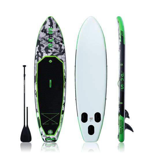 Funwater sup board in Canada features camouflage design and comes with a double-blade paddle.