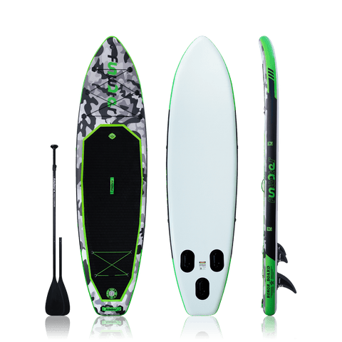 Funwater sup board in Canada features camouflage design and comes with a double-blade paddle.