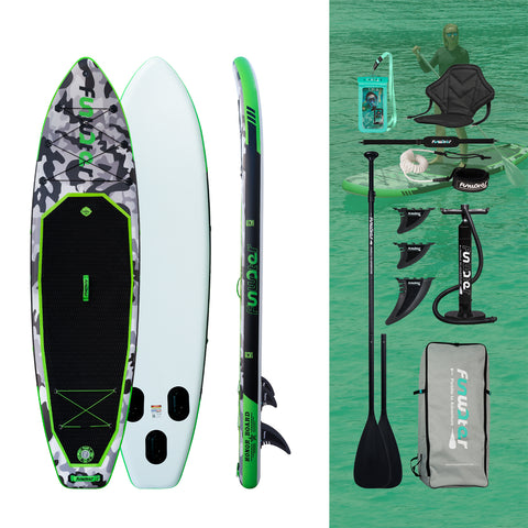 Funwater stand up paddle board accessories come with fins, waterproof phone pouch, pump, paddle