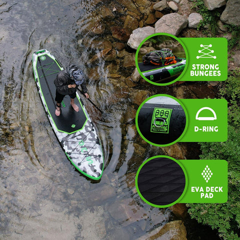 Stand up paddle board’s features: STRONG BUNGEES, D-RING, and EVA DECK PAD.