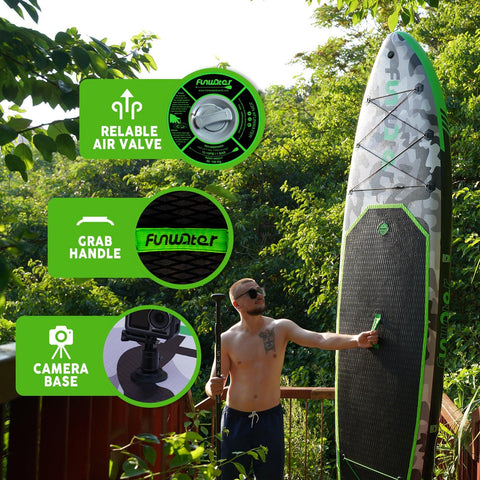 Stand up paddle board ’s features: CAMERA BASE, RELIABLE AIR VALVE, and GRAB HANDLE.