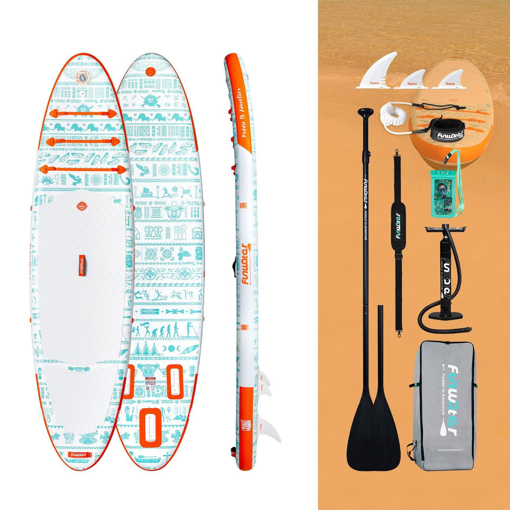 Inflatable stand up paddle board accessories come with fins, waterproof phone pouch, pump, paddle