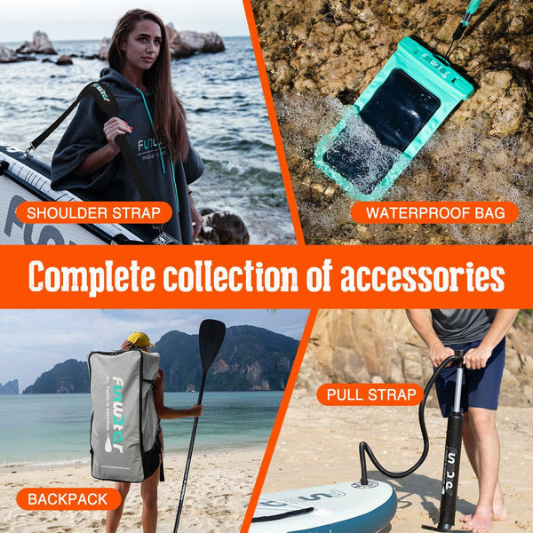 Inflatable paddle board accessories collection in canada include: waterproof phone pouch, pump, backpack