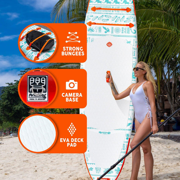 Blow up paddle board’s features: STRONG BUNGEES, CAMERA BASE, and EVA DECK PAD.