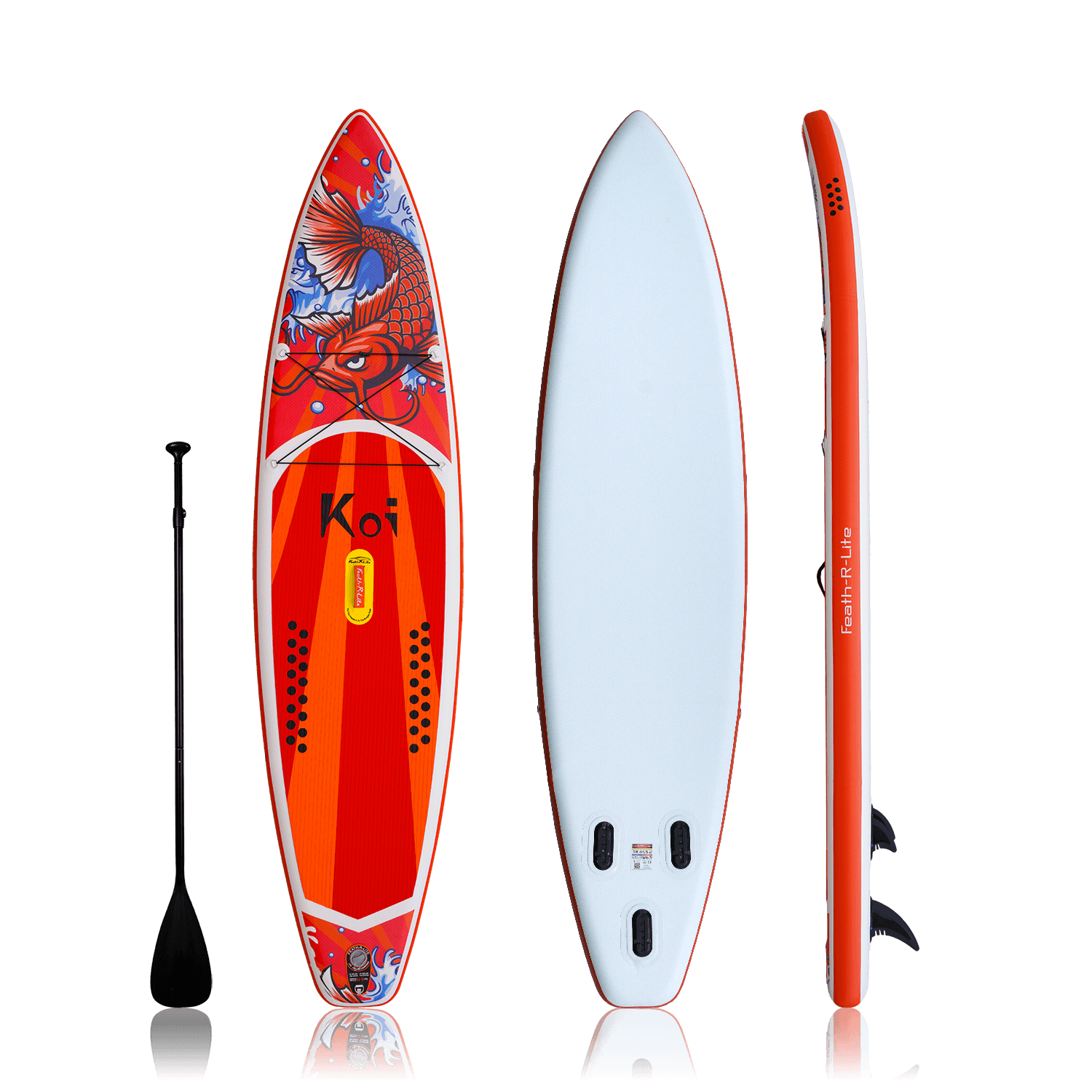 Feath-R-Lite stand up paddle board for adults features red koi design and comes with a single-blade paddle