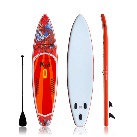 Feath-R-Lite stand up paddle board for adults features red koi design and comes with a single-blade paddle