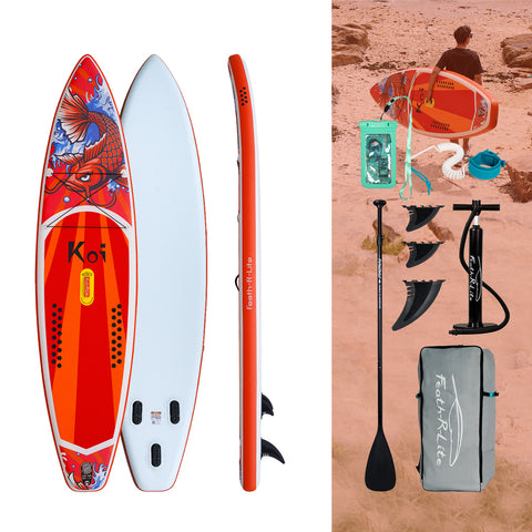 Feath-R-Lite SUP board accessories include: waterproof phone pouch, fins, pump and paddle