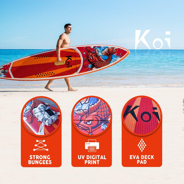 Funwater paddle board’s features: STRONG BUNGEES, UV DIGITAL PRINT, and EVA DECK PAD.