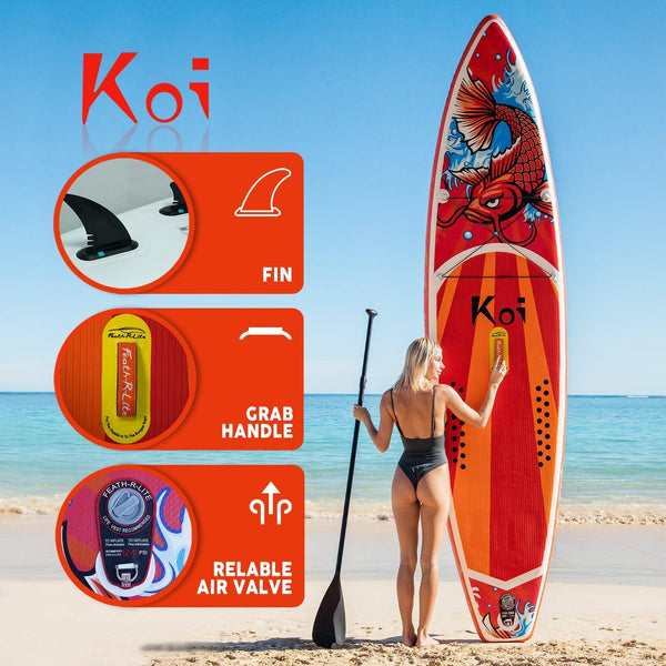 Funwater paddle board’s features: FIN, RELIABLE AIR VALVE, and GRAB HANDLE.