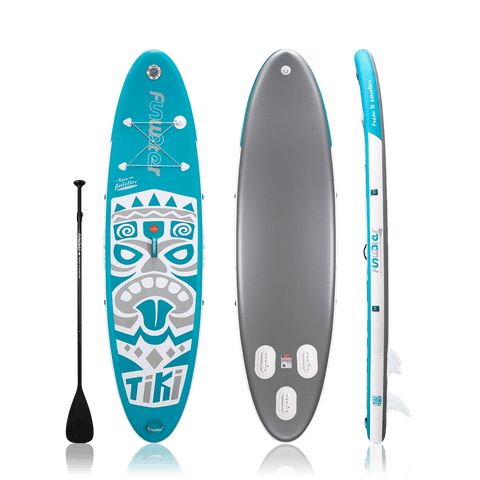 Funwater paddle board for adults features New TIKI design and comes with a single-blade paddle.