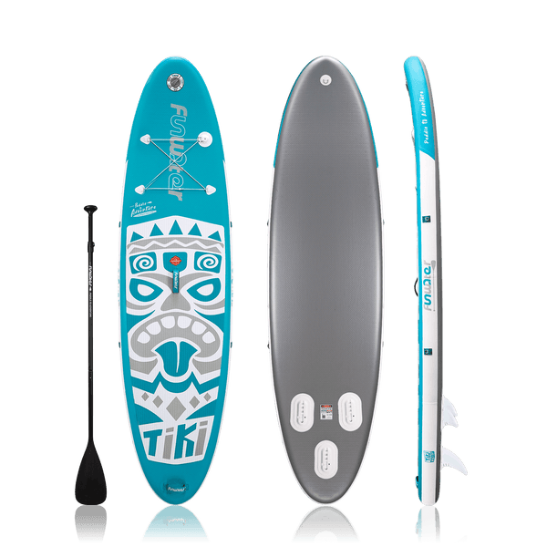 Funwater paddle board for adults features New TIKI design and comes with a single-blade paddle.