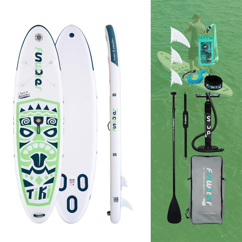 Inflatable paddle board accessories comes with fins, pump, waterproof phone pouch, paddle