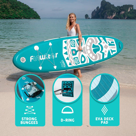 Inflatable paddle board’s features: STRONG BUNGEES, D-RING, and EVA DECK PAD.