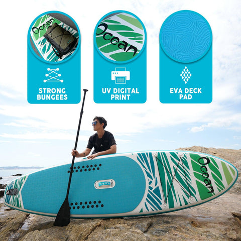 Inflatable paddle board IN canada features: STRONG BUNGEES, UV DIGITAL PRINT, and EVA DECK PAD.