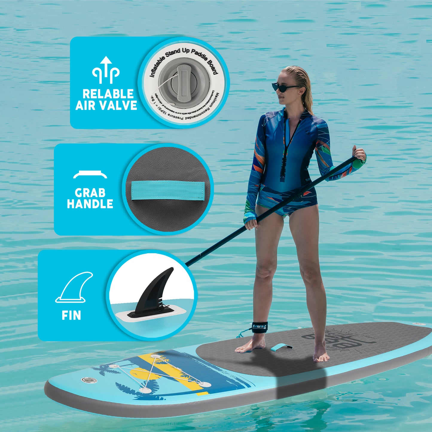 Best paddle boards for beginners features: FIN, RELIABLE AIR VALVE, and GRAB HANDLE.