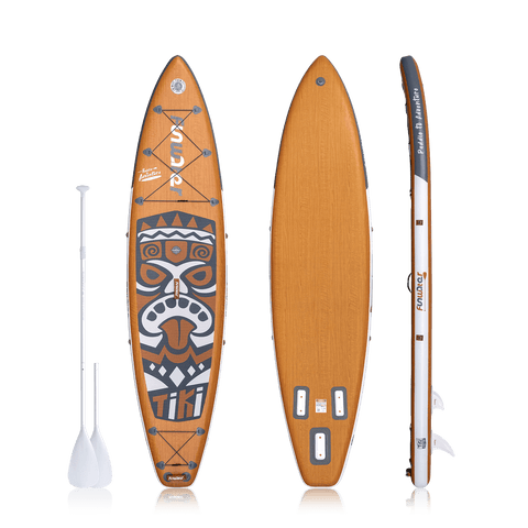 Blow up paddle board for adults features a wood brown design and come with a double-blade paddle.