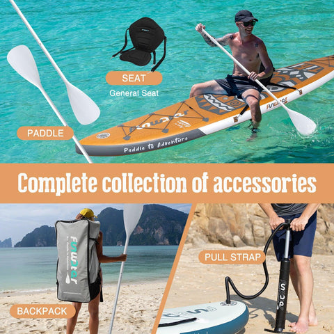 Funwater paddle board accessories collection include: paddle, pump, seat, backpack