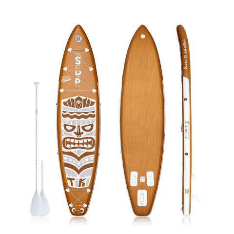 Inflatable paddle board canada features a wood brown design and come with a double-blade paddle