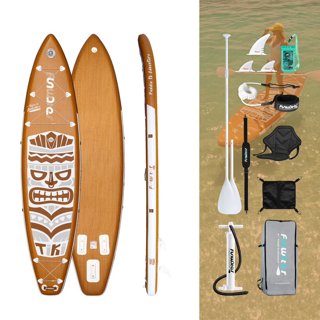 Inflatable stand up paddle board canada features a wood design and come with fins, waterproof phone pouch, pump, paddle