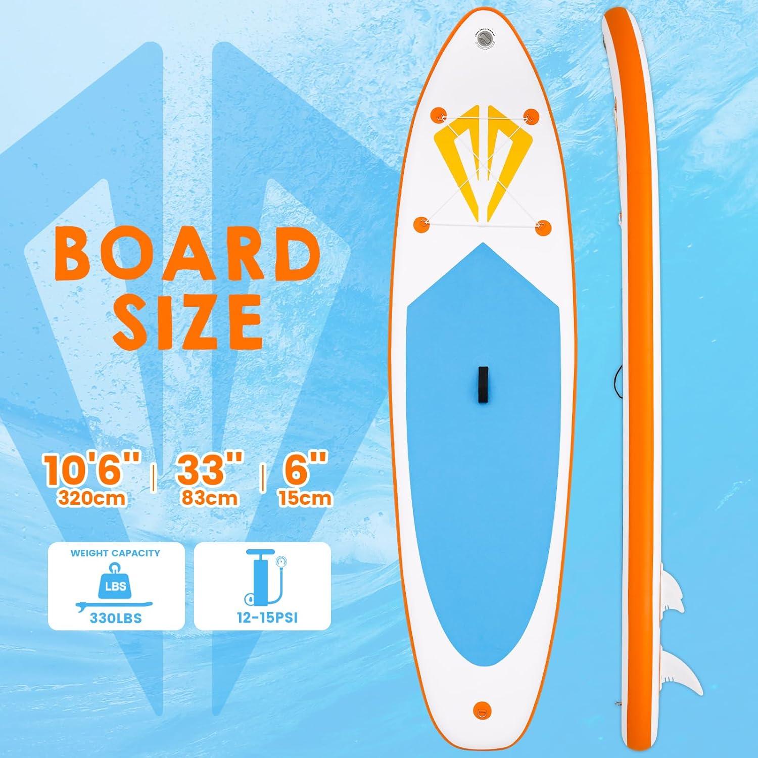 Funwater Paddle board for adults Size: 10'6" x 33" x 6" // Weight Capacity: 330 lbs (150 kg) 