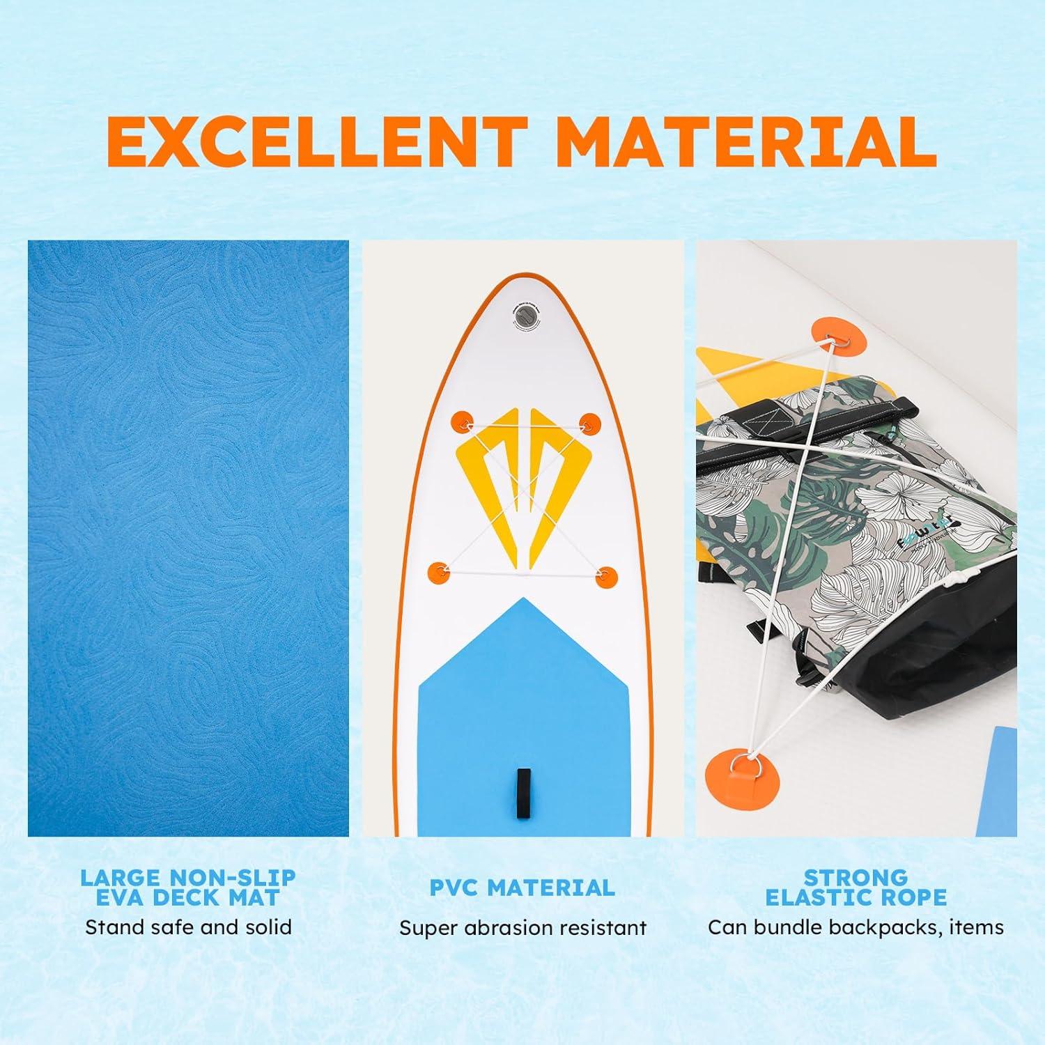 Funwater inflatable paddle board for adults in Canada features: STRONG ELASTIC ROPE, PVC MATERIAL, and LARGE NON-SLIP EVA DECK MAT.