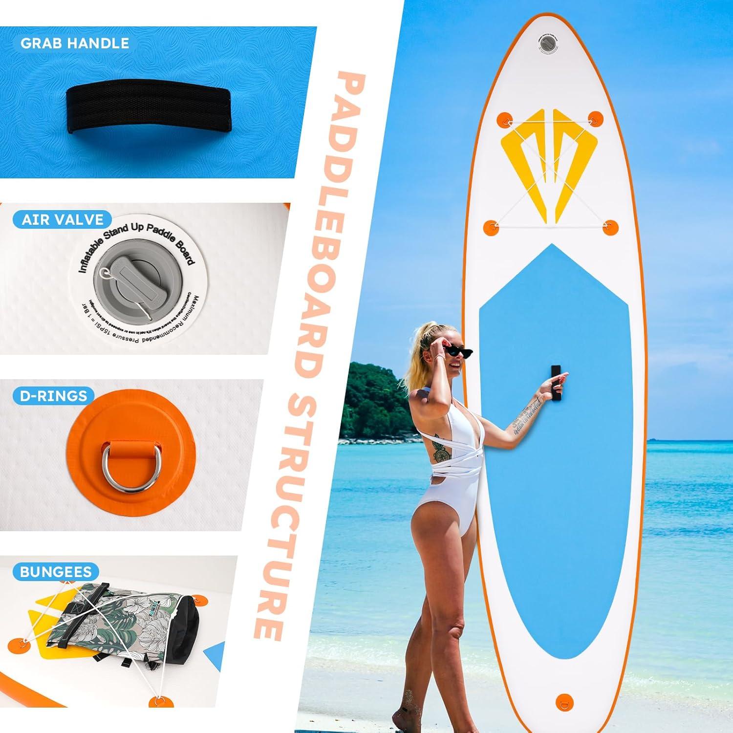 Tuxedo Sailor paddle board’s features: D-RINGS, BUNGEE, RELIABLE AIR VALVE, and GRAB HANDLE.