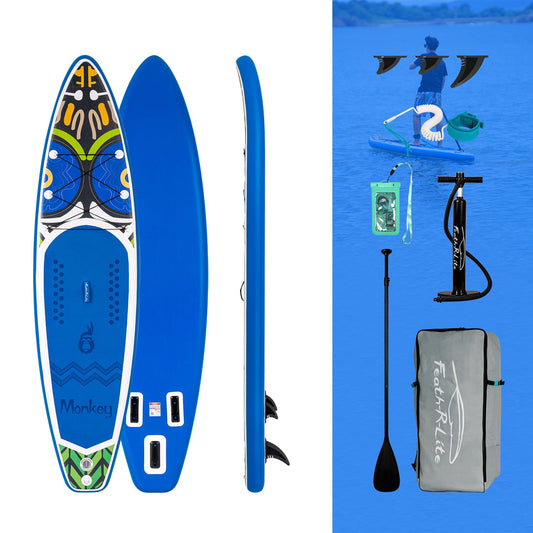 inflatable stand up paddle board is blue monkey design with basic accessories： paddle board fins, paddle for SUP, pump, and backpack