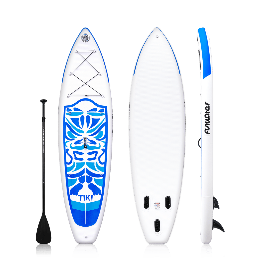 Funwater paddle board for adults features TIKI god design. It comes with a single-blade paddle.