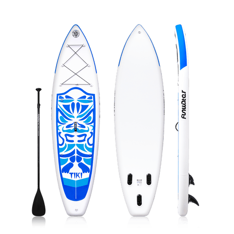 Funwater paddle board for adults features TIKI god design. It comes with a single-blade paddle.