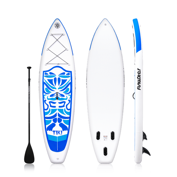 Funwater paddle board for adults features TIKI god design. It comes with a single-blade paddle.