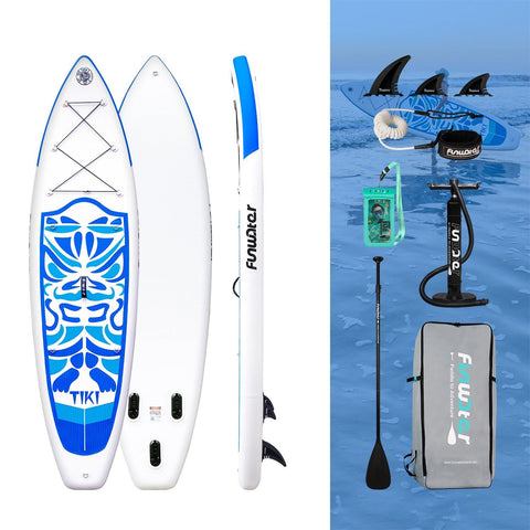 Funwater inflatable paddle board accessories comes with fins, waterproof phone pouch, pump, paddle