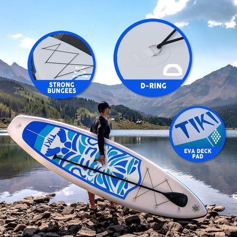 Funwater inflatable paddle board’s features: STRONG BUNGEES, D-RING, and EVA DECK PAD.