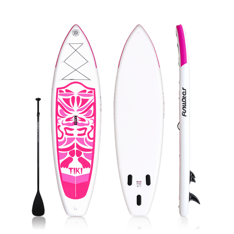 Funwater inflatable paddle board features tiki god design. It comes standard with single-blade paddle.