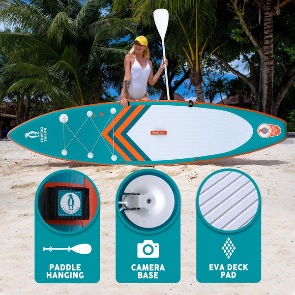 Funwater paddle board for adultsfeatures: paddle hanging, camera base, and EVA DECK PAD.