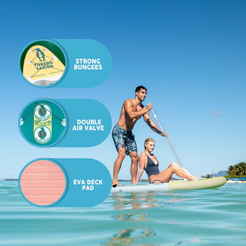 Funwater paddle board for adults features: STRONG BUNGEES, DOUBLE AIR VALVE, and EVA DECK PAD.