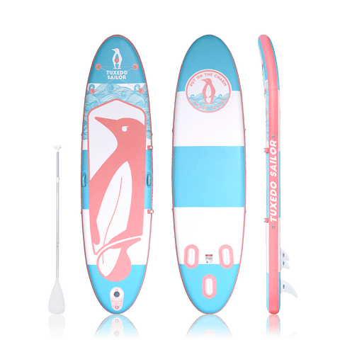 SUP paddle board feature pink penguin design and comes with double-blade paddle