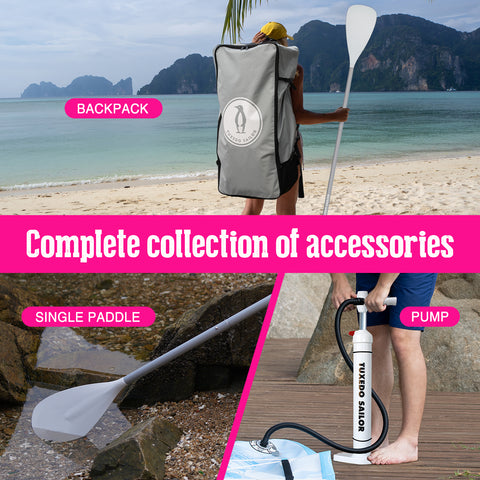 Funwater SUP board accessories collection in Canada include: pump, fins, waterproof dry bag