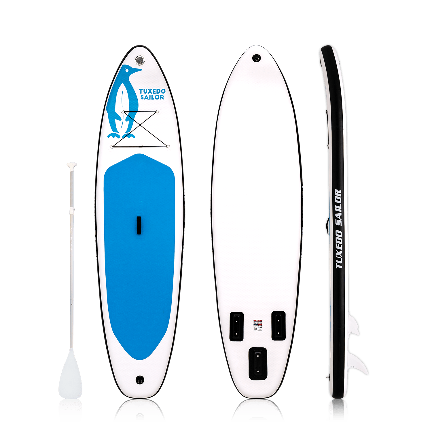 Tuxedo Sailor inflatable sup board features a blue design and comes with single-blade paddle