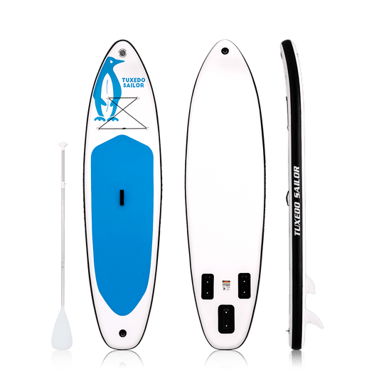 Tuxedo Sailor inflatable sup board features a blue design and comes with single-blade paddle