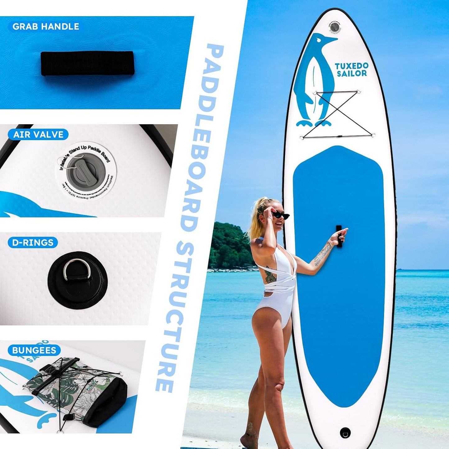 Funwater paddle board’s features: D-RINGS, BUNGEE, RELIABLE AIR VALVE, and GRAB HANDLE.