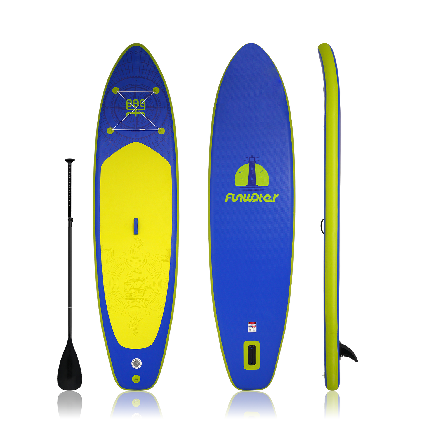 Funwater inflatable sup board for adults features a deep blude design and comes with a single-blade paddle.