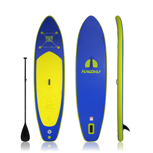 Funwater inflatable sup board for adults features a deep blude design and comes with a single-blade paddle.