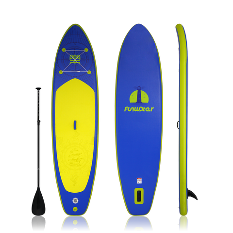 Funwater inflatable sup board for adults features a deep blude design and comes with a single-blade paddle.