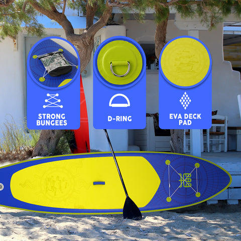 Funwater paddle board’s features: STRONG BUNGEES, D-RING, and EVA DECK PAD.