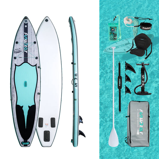 blow up standing paddle board accessries include paddle for paddle board, SUP board pump, paddle board fins